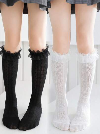 2 Pairs New Children's Black & White Lace Mid-Calf Socks, Cute Elegant Socks For Girls, Hollow Mesh Stockings, Versatile Ankle Socks