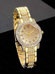 6pcs Luxury & Elegant Women's Quartz Watch Set, Gold Plated Jewelry Set With Full Rhinestones (Including Watch, Bracelet, Necklace, Earrings And Ring), Popular Gift And Gold Accessory Choice - Gold - View 4