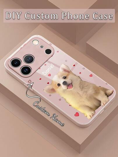 1pc Customized Pet Name Phone Case, DIY Cute Cat Dog Pattern, Tempered Glass Back + Metal Paint TPU Soft Edge Material Phone Case Suitable For Samsung S24 Ultra/S25 Ultra And Apple 17 Pro Max/16 Pro Max/15 Pro/14 Plus/13 Pro/12 Pro Max/11/Xs Max/8/7/6 Plus, Can Be Used As Birthday Gift, Gift For Girlfriend/Boyfriend Or Self-Use
