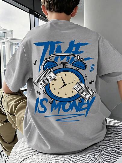 青少年男童宽松美感T恤，时钟和金钱图案印花，标语细节，超大短袖上衣，适合外出、休闲、日常穿着