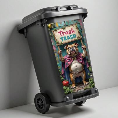 1张2D平面自粘垃圾桶贴纸，可爱斗牛犬超级英雄墙贴设计垃圾桶贴纸，防水PVC材质，适用于户外家居装饰，创意垃圾桶装饰，也适用于墙面和厨房装饰、家居收纳，PVC材质，易撕易贴，平面艺术贴纸，厨房收纳