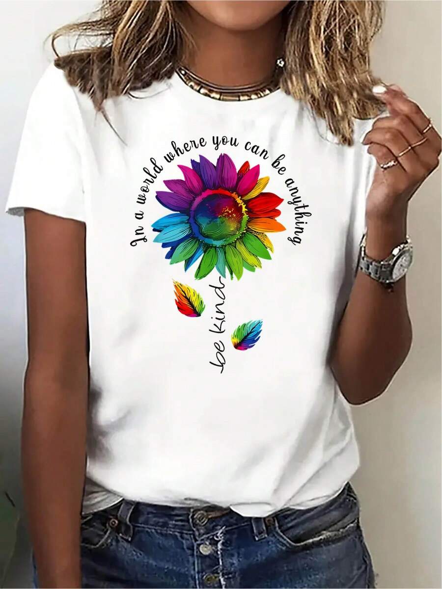 Plus Size, 1pc Wo Plus Size Short Sleeve T-Shirt - Light Beige Blouse Round Neck Top With Kindness-Themed Print, Machine Washable Positive Affirmation Outfits Suitable For Daily Wear, Positive Message Apparel For, Office & - màu đen - Xem 1