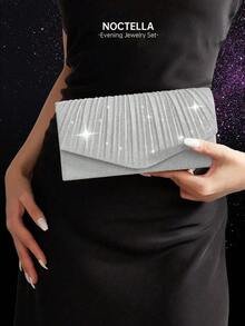 Noctella Women's Luxury Diamond Sparkling Jewelry Set - Shimmering Necklace, Earrings, Bracelet Set, Shiny Pleated Clutch, V-Flap Envelope Clutch, Elegant Clutch, Bridal Evening Bag, Metal Chain Handbag, Wedding Party Clutch, Cocktail Party Wedding New Wallet Clutch - Silver - View 6