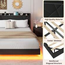 Cama flotante con bordes tufted y marco de hierro ultra resistente incluye soportes de pared para instalación segura sin necesidad de muelle de caja - Negro-tamaño completo - Ver 4