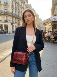 Gucci 1PC Detachable Chain Mini Burgundy Patent Leather Pouch - Luxury Elegant Style, Logo Print Detail, Foldable Shape, Versatile Crossbody Bag For Party & Daily Carry - Red - View 7