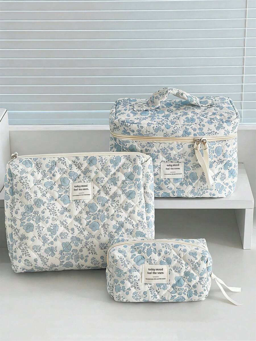 1个春日海棠花图案化妆包，女士旅行大容量化妆品收纳包，便携式化妆品储物手拿包，带拉链，可收纳化妆品、护肤品、口红、化妆刷、护手霜、耳机、零钱、钥匙等小物件，适合居家、旅行、度假和上学使用。化妆包/化妆袋/护肤包/洗漱包。 - 藍色 - 查看 1