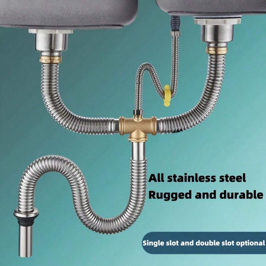 通用厨房水槽排水管套装，适用于单槽/双槽水槽，柔性复合管，防堵塞带溢水孔 - A - 查看 1