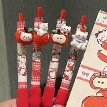 1pc Random Red Apple Cat Plush Pen, Cute & Stylish 0.5mm Black Ballpoint Pen, INS Style High-Quality Black Quick-Drying Pen, Suitable For Writing, Studying, And Taking Notes - One Size - View 3
