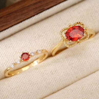 Bộ 2 nhẫn thời trang đính đá Zirconia đỏ, bộ nhẫn cá nhân hóa thanh lịch, phù hợp cho phụ nữ đeo hàng ngày.