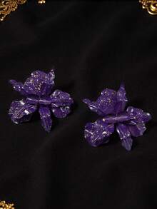 Exaggerated Purple Iris Flower Earrings For Women - Gold Polka Dot Large Floral Drop Earrings, Party Jewelry - Charming Gold Foil Purple Flower Earrings - View 4