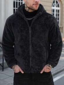 Men's Solid Color Minimalist Reversible Fleece Hooded Casual Zip-Up Jacket, Men's Autumn/Winter Double-Sided Sherpa Lined Warm Outer Jacket, Lightweight Warm Zip-Up Hoodie Suitable For Outdoor Sports, Casual Street Style, Travel And Cold Weather Protection - 黑色 - 查看 2