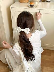 Sweet Romantic Polka Dot Satin Fabric White & Pink Bow Hair Claw, Elegant Elegant High Ponytail Banana Hair Clip - Multicolor - View 5