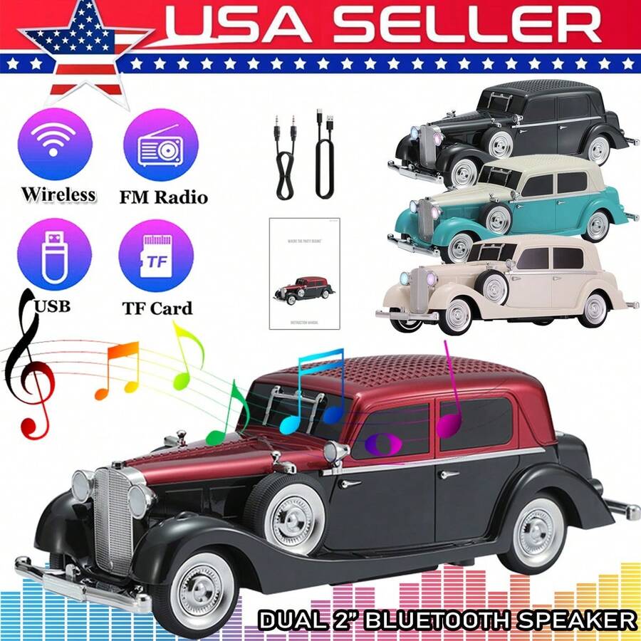 Dazone Dual 2-In Portable Bluetooth Party Speaker, Wireless Vintage 1934s Style Car Model Bluetooth Speaker, Portable Wireless Audio With TWS, USB/TF/FM/AUX, TYPE-C Charging For Camping, Home Decor & Parties - View 1
