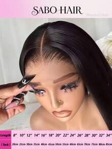 自然黑假发,真人前额发丝,200%密度,13x4高清蕾丝前假发,预先拔毛,女士直发假发,骨直混合发丝,带婴儿绒毛,28英寸 - 黑色 - 查看 24