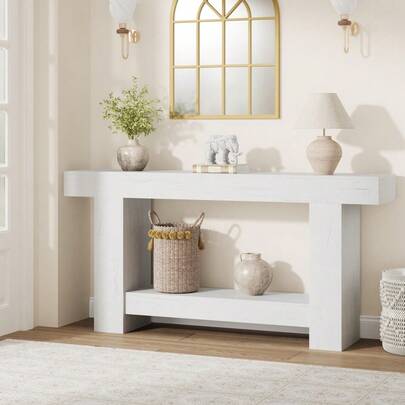 47"/63 Inches Long Console Table For Entryway, Wood Farmhouse Console Table For Living Room, 2-Tier Large Sofa Table With Storage, Wooden Entryway Entry Table For Entrance, Hallway