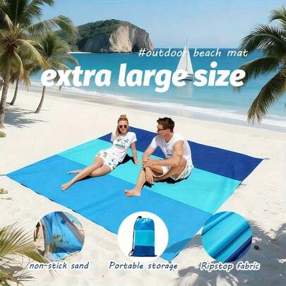 Telo da spiaggia pieghevole con 4 picchetti agli angoli, in materiale poliestere, extra large e leggero per campeggio, viaggio, escursioni, picnic all'aperto