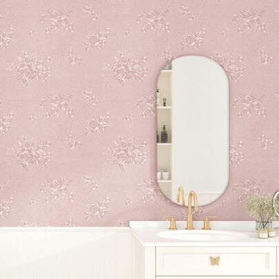 لفة واحدة من ورق الحائط اللاصق القابل للإزالة ذو النقشة المنقوشة الحريرية باللون الوردي، ورق جدران بنقشة زهرية، نسيج لديكور غرفة الفتيات، ملصق حائط قماشي وردي لغرفة النوم والمطبخ والحمام وديكور المنزل