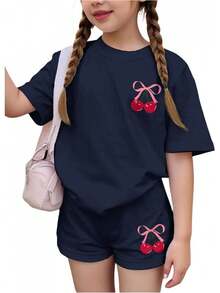 Girls 2 Piece Summer Outfit Cherry Bow Graphic Tee & Shorts Set Cute Casual Outfits - Deep Blue - View 1