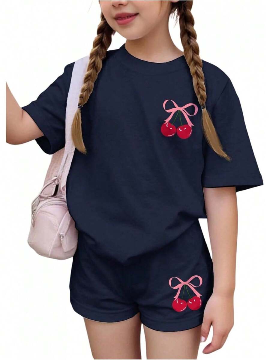 Girls 2 Piece Summer Outfit Cherry Bow Graphic Tee & Shorts Set Cute Casual Outfits - Deep Blue - View 1