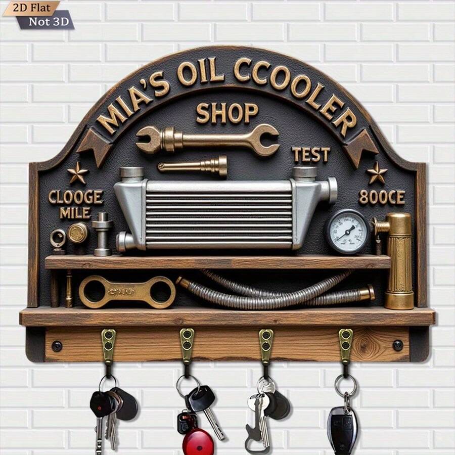 1 Oil Cooler Machine Tool Key Hook | Wooden Multi-Functional Home Key Rack, With Four Metal Hooks, Wall Decoration, Porch Decoration, Room Decoration, Villa Decoration, Seasonal Home Decoration - Multicolor - View 1