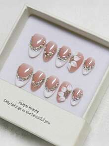 10片手工美甲，杏仁形亚克力按压式美甲，短款，柔和裸粉色美甲，白色法式美甲，手绘3D立体花卉雕刻浮雕美人鱼图案，镶嵌小钻石珍珠，时尚优雅简约的春季美甲，夏季按压式美甲，适合派对、日常、约会、海滩、热带度假等场合，DIY美甲，适合女性和女孩作为礼物，美甲用品。 - 粉色 - 查看 2