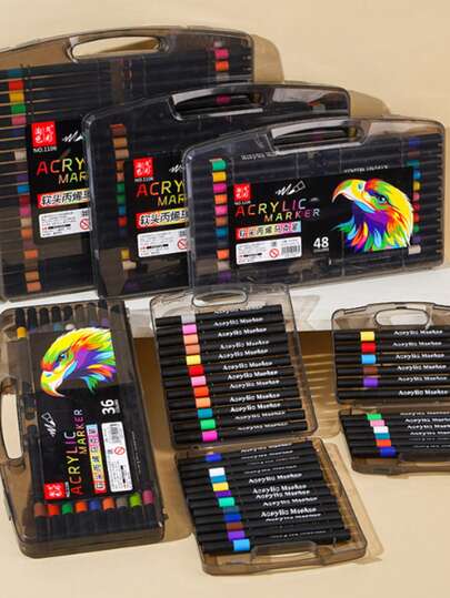 黑色盒子软头丙烯酸马克笔，适用于学生艺术创作，不透明，可分层水彩笔，适用于DIY绘画，适合返校季和新学年开始时使用。