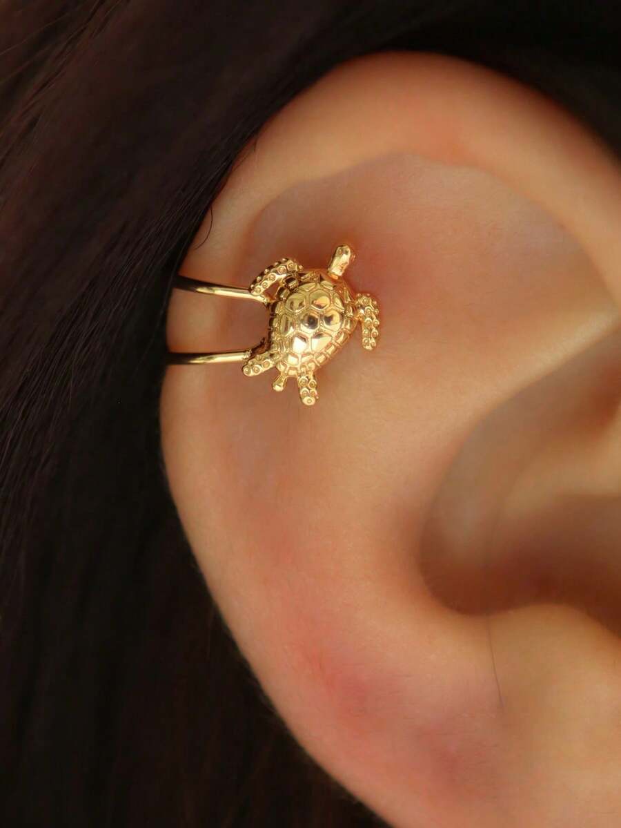 1pc Minimalist Sea Turtle Decor Clip-On Copper Earrings, Suitable For Women To Wear In Summer, Daily, Party - 黃金 - 查看 1