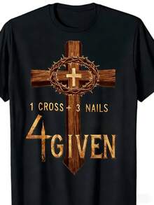 Men Casual Short Sleeve 100 Cotton Loose Fit Round Neck T Shirt Christian Cross And Crown Of Thorns Print Design For Faith Believers - 黑色 - 查看 1