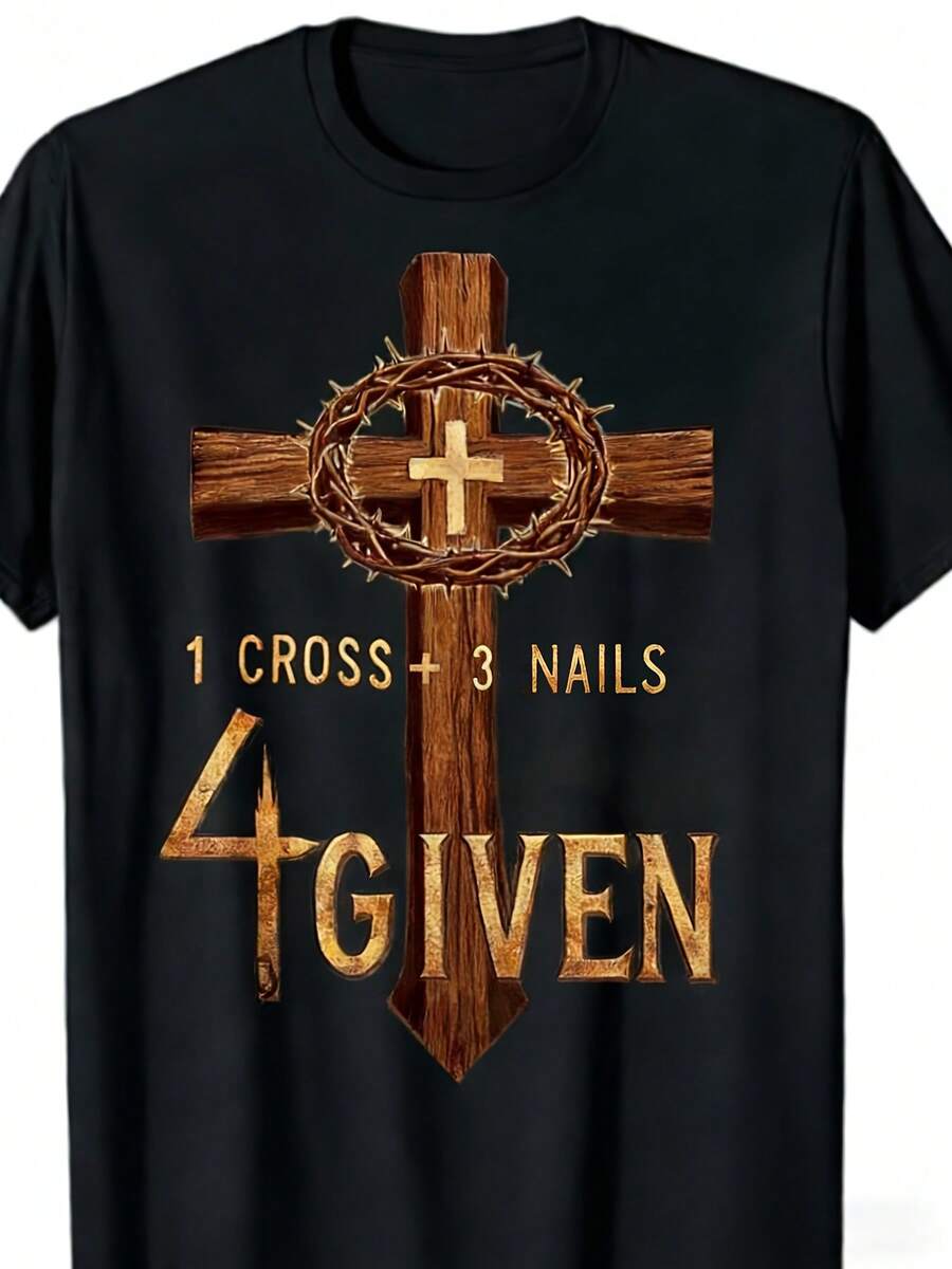 Men Casual Short Sleeve 100 Cotton Loose Fit Round Neck T Shirt Christian Cross And Crown Of Thorns Print Design For Faith Believers - 黑色 - 查看 1