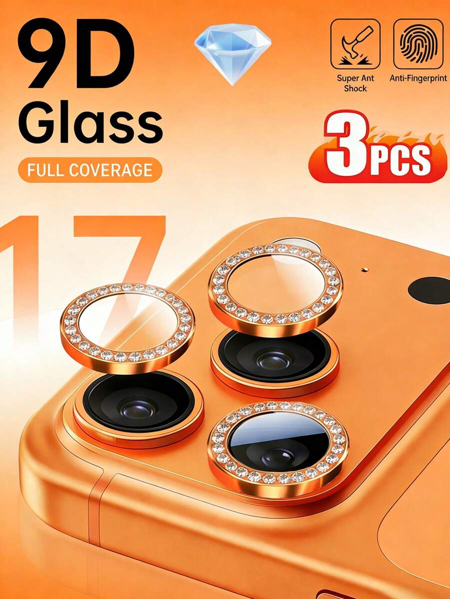 3 piezas Protector de lente de cámara para iPhone 17 Pro/17 Pro Max, Cubierta de lente de vidrio templado 9H, Accesorio de anillo decorativo de metal, Diamante naranja