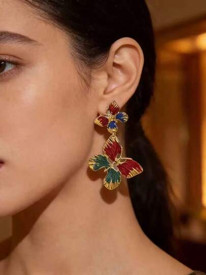 Vintage Enamel Colorful Floral Earrings, Chinese Style Elegant High-End Earrings