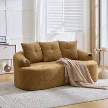This Contemporary Two-Seater Sofa Set Features Deep, Round Cushions With A Chenille Cloud Pattern, A Compact Design Without Springs, And Includes Three Decorative Cushions. Suitable For Compact Apartments. - 芥末黃 - 查看 3