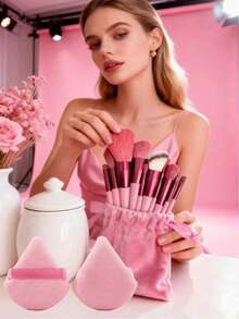 15pcs Makeup Brush Set, Including 2pcs Black Triangle Powder Puff Suitable For Loose Powder, Soft And Fit, As Well As 13pcs Makeup Brushes For Blush, Liquid Lipstick, Eyebrow Pencil, Lip Gloss, Concealer, Eyeshadow, Highlighter, Contour, Foundation, Primer, Powder, And Setting Spray, Suitable For Women's Daily Makeup, Ideal Gift For Ladies - Pink - View 1