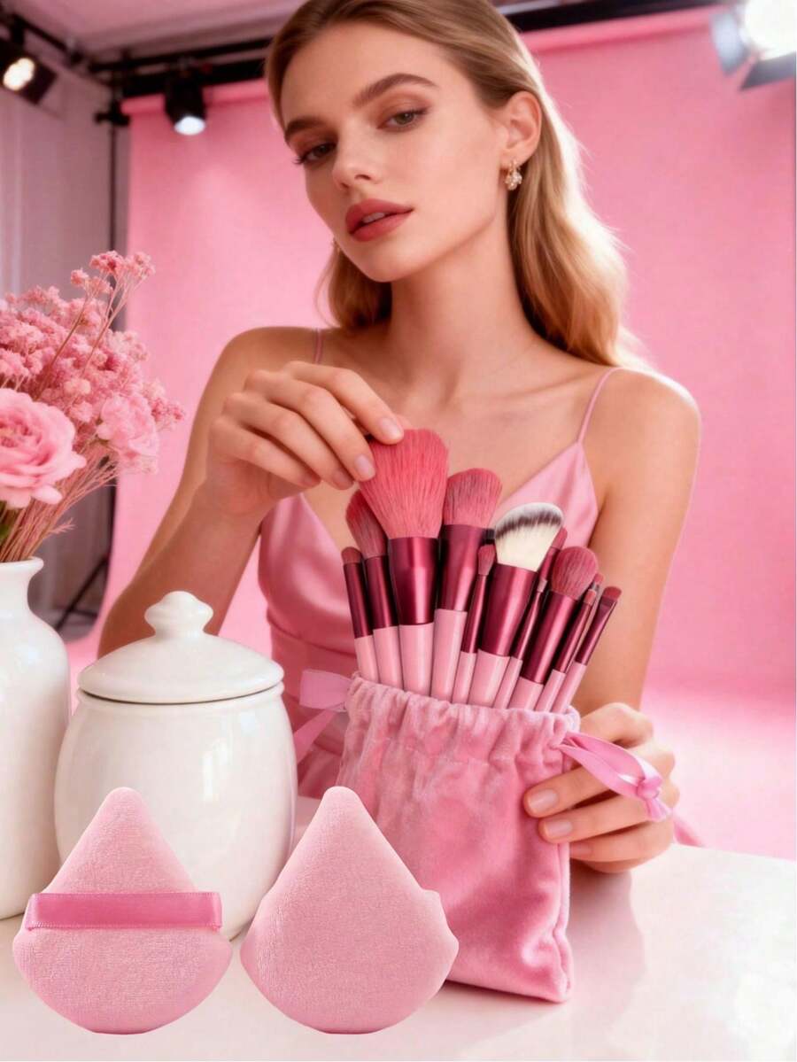 15pcs Makeup Brush Set, Including 2pcs Black Triangle Powder Puff Suitable For Loose Powder, Soft And Fit, As Well As 13pcs Makeup Brushes For Blush, Liquid Lipstick, Eyebrow Pencil, Lip Gloss, Concealer, Eyeshadow, Highlighter, Contour, Foundation, Primer, Powder, And Setting Spray, Suitable For Women's Daily Makeup, Ideal Gift For Ladies - Pink - View 1