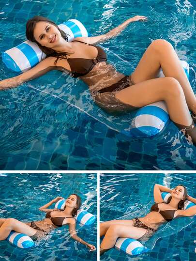 1 件沙滩趣味充气水上吊床沙发漂浮床，带网眼，可折叠条纹图案靠背，可作游泳圈、漂浮筏躺椅、水上躺椅、泳池派对用品、沙滩必备品、沙滩配件