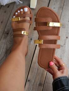 Women's Fashion Wide Width Flat Sandals, Brown Contrast Versatile Ladies Beach Slippers - Brown - View 1