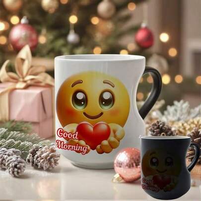 1个变色保温陶瓷杯，心形设计，适用于咖啡、茶、可可、果汁、牛奶，适合办公室、聚会、圣诞礼物等场合。