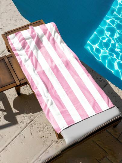 1pc Pink & White Striped Kids Beach Towel, Super Soft Microfiber Extra Large Beach Blanket, Highly Absorbent Bath Towel, Suitable For Travel, Swimming Pool, Diving, Surfing, Yoga, Camping, Available In Multiple Sizes, Beach Accessories