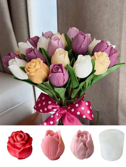 Beautiful Flower Series Silicone Mold, Handmade DIY Candle, Fragrance Stone, Home Decor, Wedding Favor, Birthday Gift, Craft Material. Tulip, Rose Shaped, Easy Demold, High Details, Natural Style Desktop Decor, Car Fragrance, Photography Props. Fine Finished Quality, Suitable For Gifts, Market Stalls, Handmade Business. Multiple Flower Designs Available To Meet Various Creation Needs.