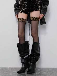 1 Pair Sheer Thigh High Stockings, Leopard Print Sexy Goth Sheer Tights, Red Plaid Trim Thigh High Socks, Punk Rock Cute Y2K Aesthetic - Multicolor - View 10