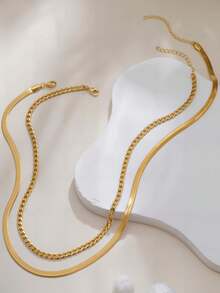 2pcs Stainless Steel Chain Necklace Set, Fashion Minimalist Cuban Link & Blade Chain Layered Necklace, Luxury Niche Versatile Necklace Accessories Suitable For Girls & Women - Gold - View 2