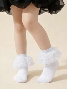 3 Pairs Children/Teens White Thin Lace Princess Dance Socks With Double Ruffle Trim - White - View 3