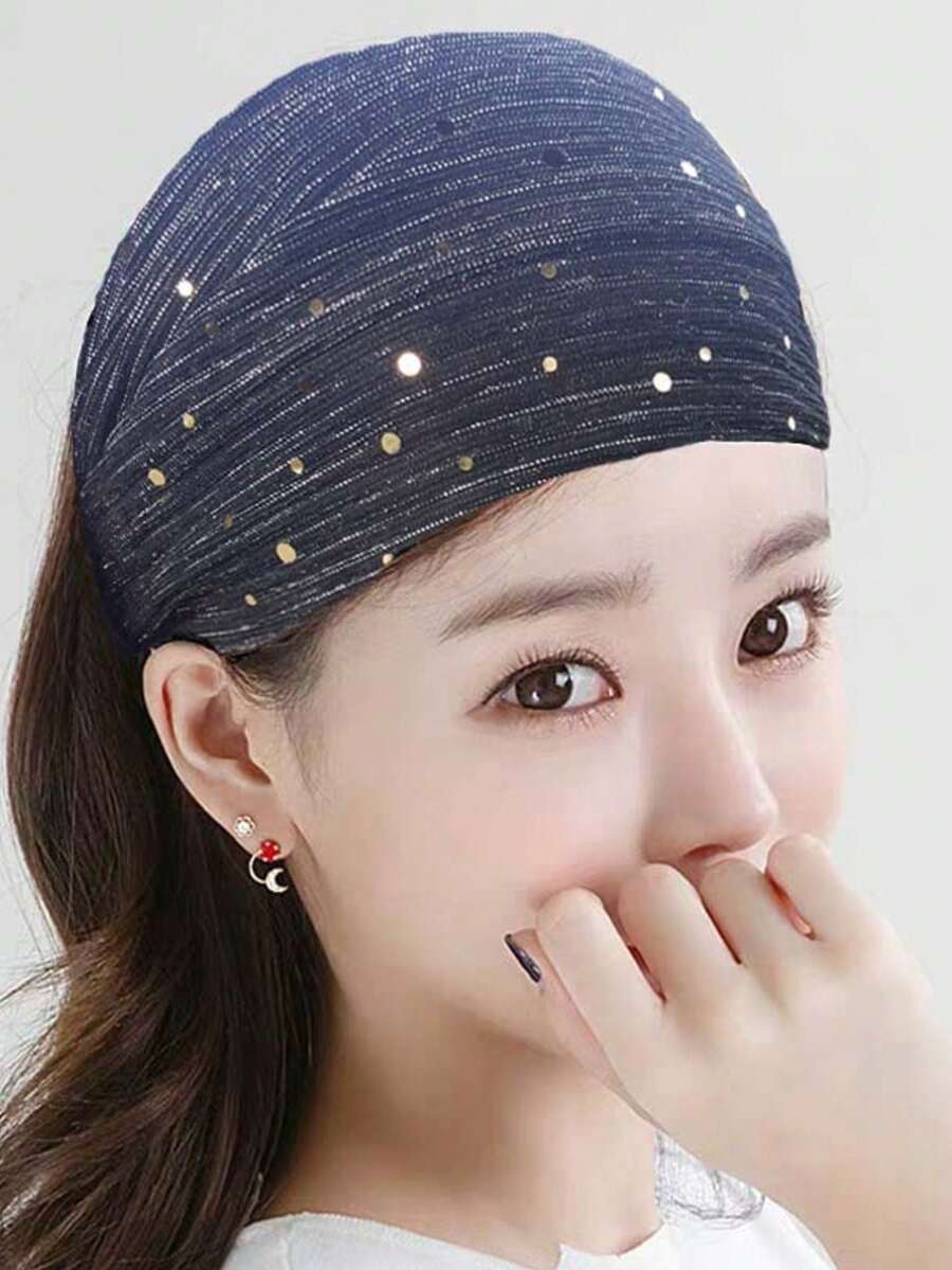 1pc New Headscarf Salon, European And American Style Sequin Cross Edge Headscarf, Autumn Silk Scarf Shawl, Suitable For Dress Matching - Màu xanh lam - Xem 1