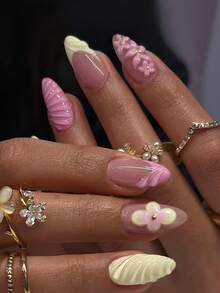 24片长款杏仁形3D凝胶假指甲，花卉图案法式美甲，中长款，镶嵌3D金属十字架装饰珍珠设计，完美贴合亚克力美甲套装，包含1瓶胶水和1个指甲锉，适合女性日常工作、节日、派对等场合。 - 彩色 - 查看 8