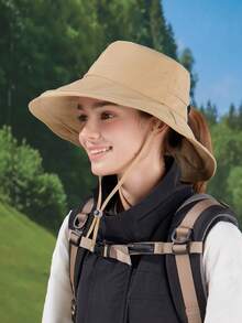 1 chiếc mũ chống nắng nữ, mũ làm vườn, mũ rộng vành buộc tóc đuôi ngựa, mũ chống tia UV khi đi biển, chất liệu thoáng khí, mũ chống nắng mùa hè, vành mũ có thể gập lại. - A - Xem 2