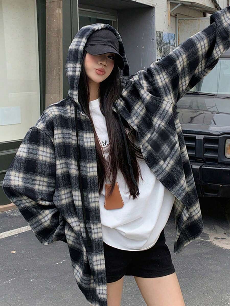 女士宽松落肩格子休闲长袖衬衫，春/秋 - 藏蓝色 - 查看 1