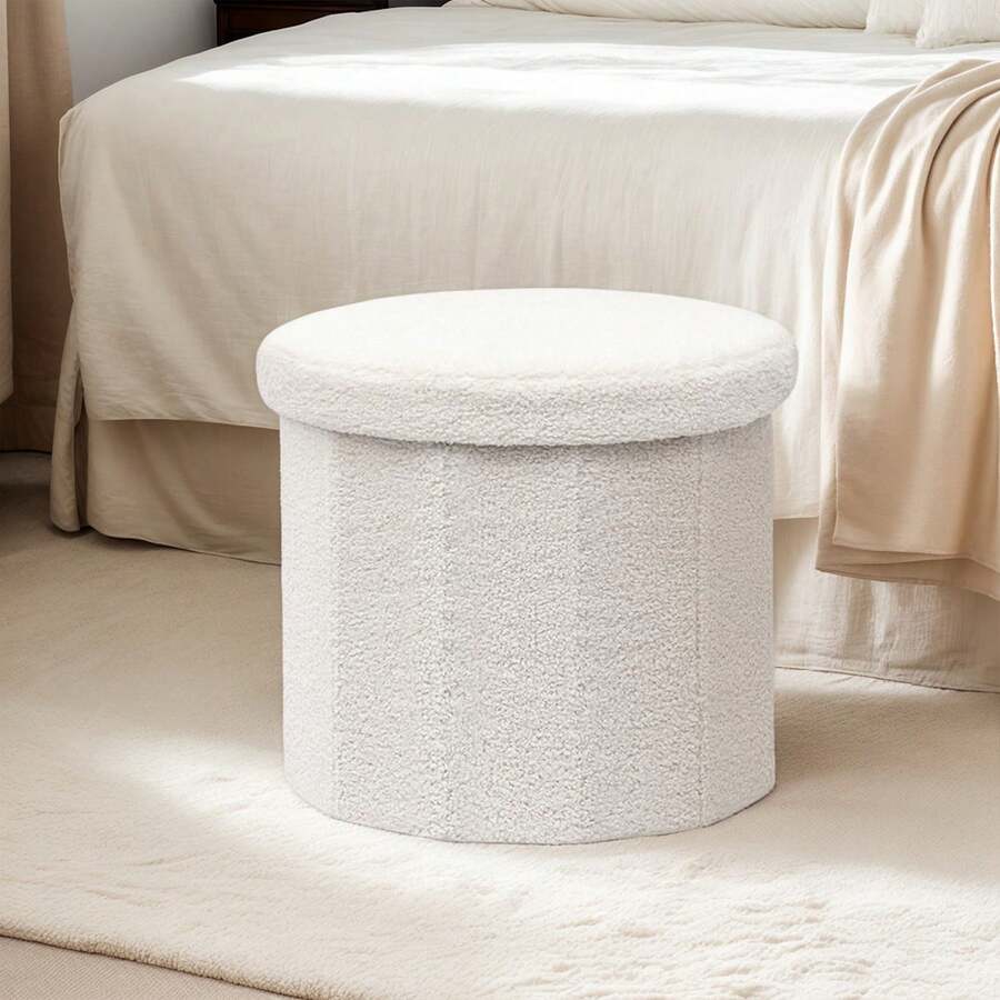 15 Inchs Round Storage Ottoman, Small Foldable Foot Stool With Hidden Storage For Living Room, Ottoman For Dorm - 白色 - 查看 1