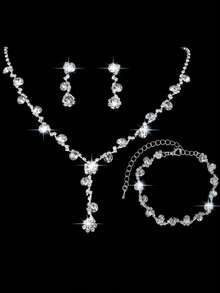 Fashion Evening Jewelry Four-Piece Set, Elegant Sparkling Pendant Necklace, Earrings, And Bracelet, Luxurious Sparkling Rhinestone Clutch Bag, Elegant Ladies' Party Bag, New Box-Shaped Shoulder Bag, Suitable For Parties, Dinners, Gatherings, And Balls - Silver - View 5