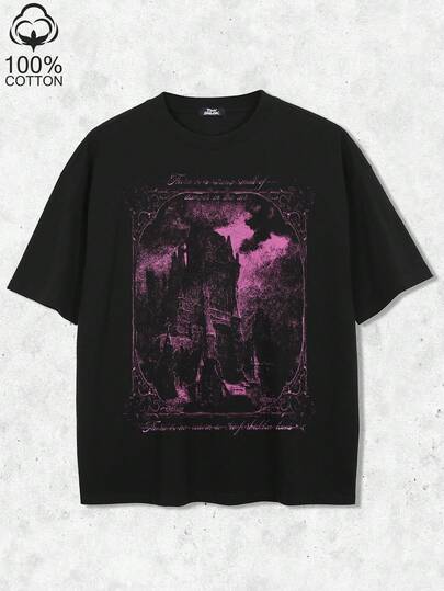 Tiny Spark Men's Black Horror Castle Graphic T-Shirt