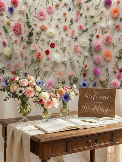 1件彩色花卉背景墙，2D平面设计，粉色、白色和多色花卉图案，适用于生日派对、婚礼、周年纪念、情人节、订婚、家居装饰和摄影棚道具、活动装饰，营造欢乐氛围，多用途，多种尺寸